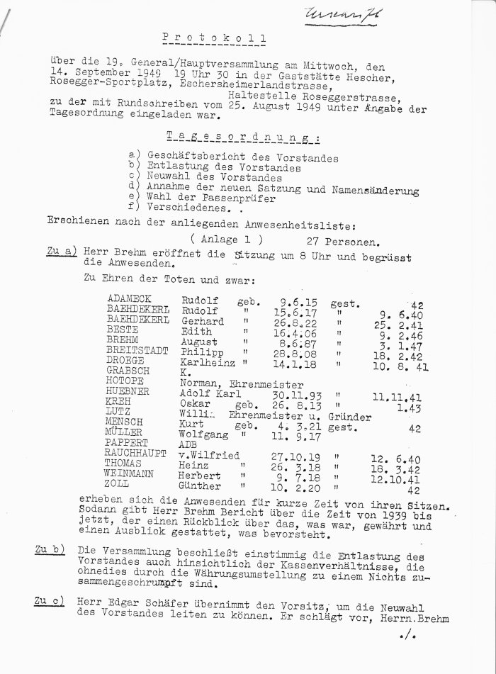 19. Mitgliederversammlung vom 14.9.1949, Seite 1