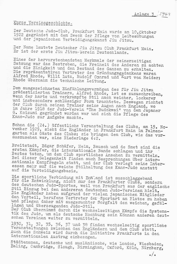 Kurzgefaßte zweiseitige Vereinsgeschichte von 1922 bis 1949, Seite 1